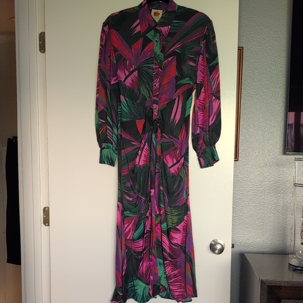 FARM Rio Black Maxi Dress with Pink & Green Tropical Leaves